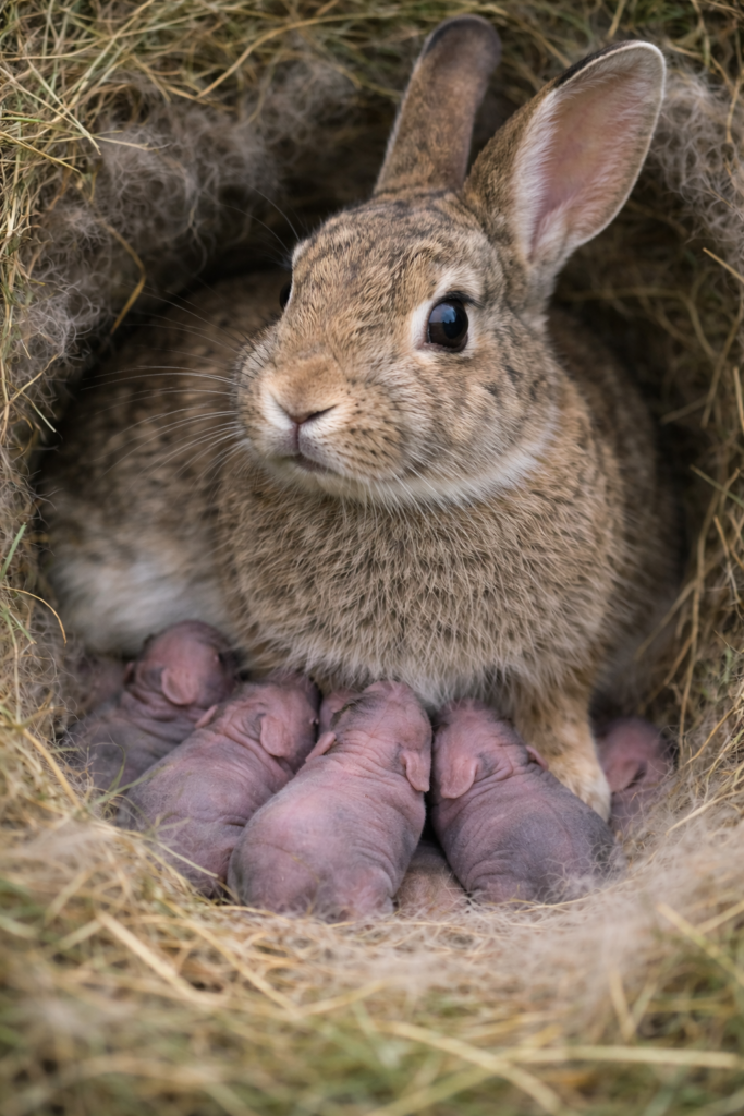 Female European rabbit in a cozy underground nest with newborn hairless kittens.