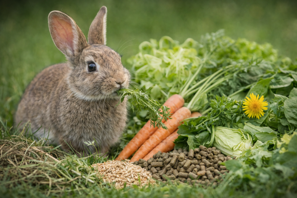 A European rabbit eating fresh green leaves next to carrots, pellets, and grains.