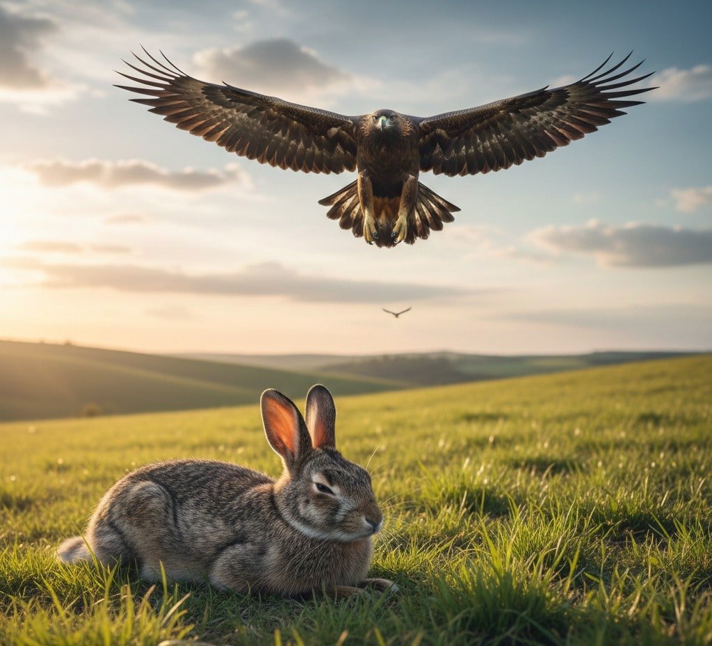 A European rabbit on alert in a field with a large bird of prey soaring closely above.