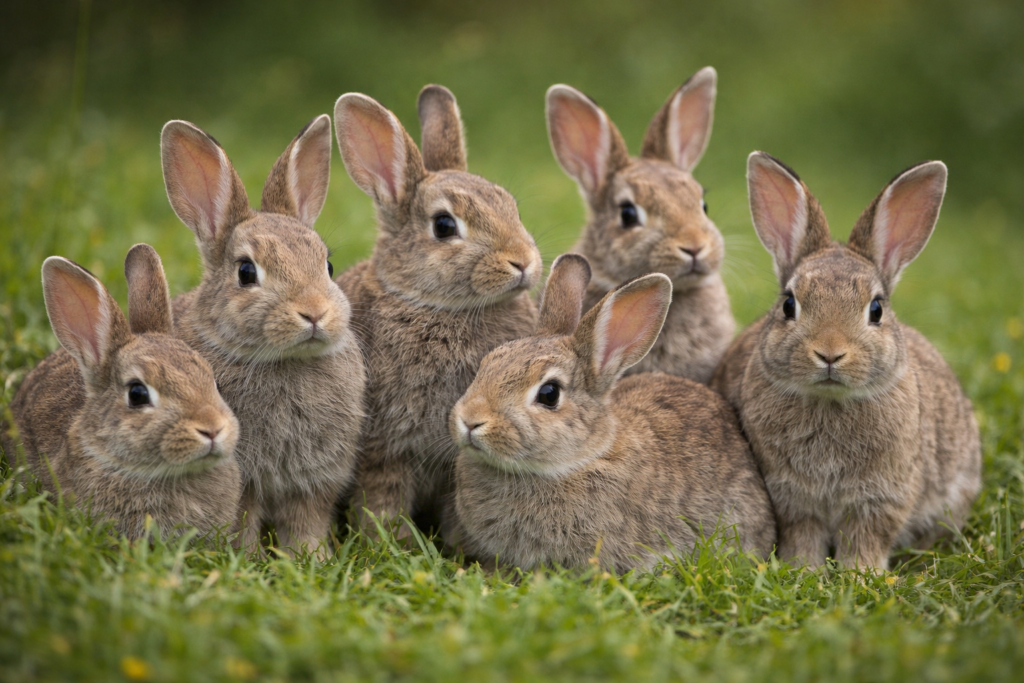 Group of European rabbits resting together in green grass, demonstrating their social group behavior.